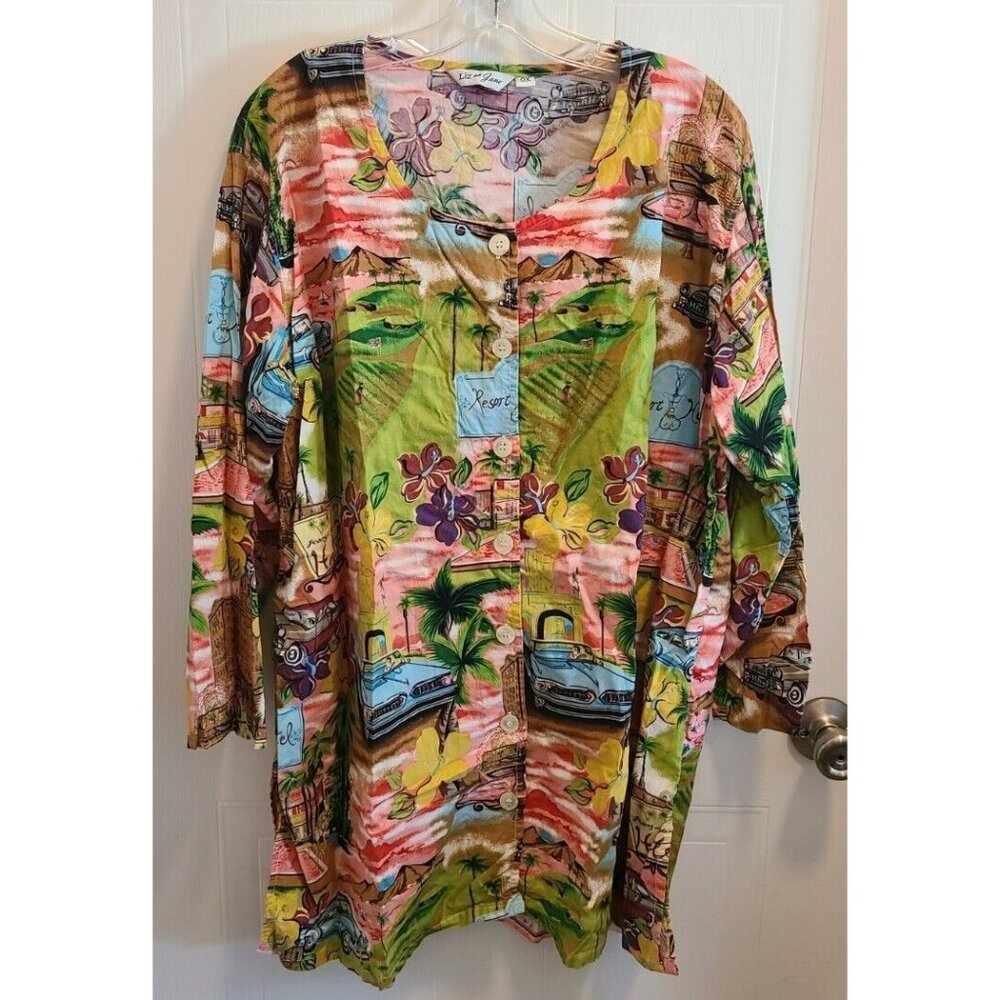 Liz and Jane Womens L/S Button Up Top Novelty Resort Tropical Print Plus Size 0X